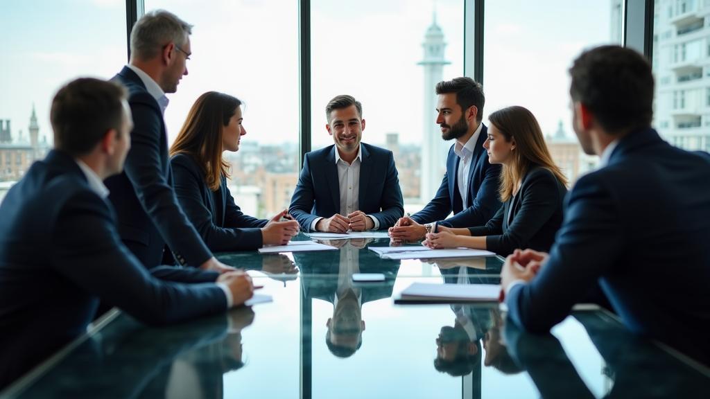 Diverse legal professionals collaborating around a glass conference table in a modern London office