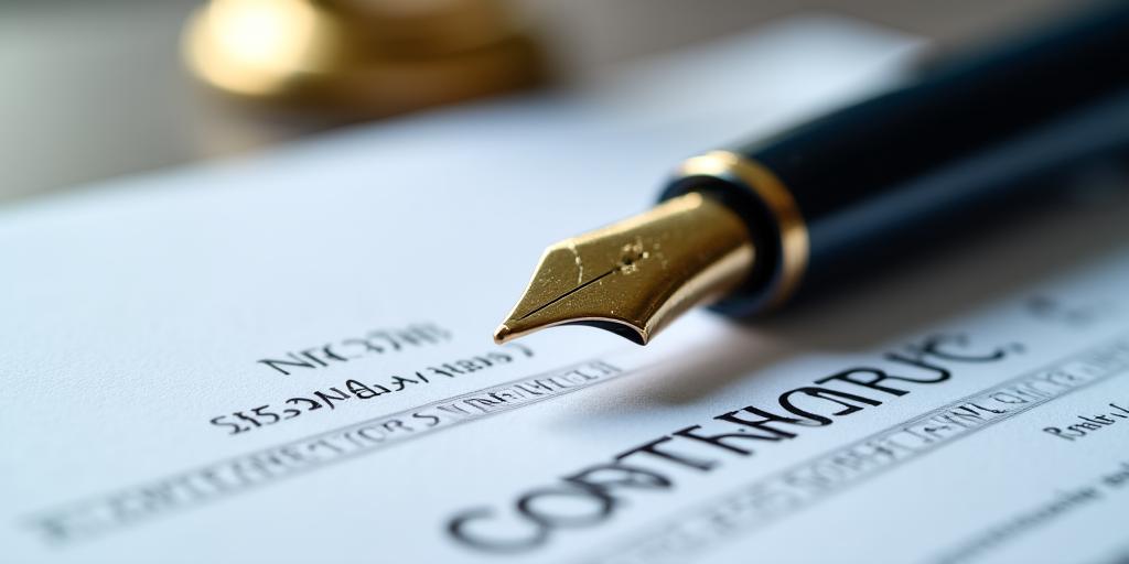 Close up of a professional fountain pen and clean legal documents on a dark oak desk