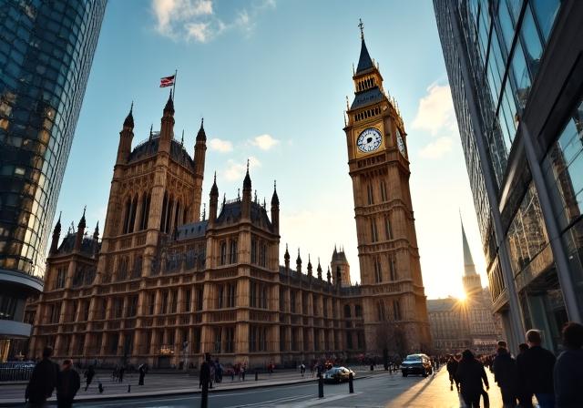 Stately UK legal building and modern office silhouette